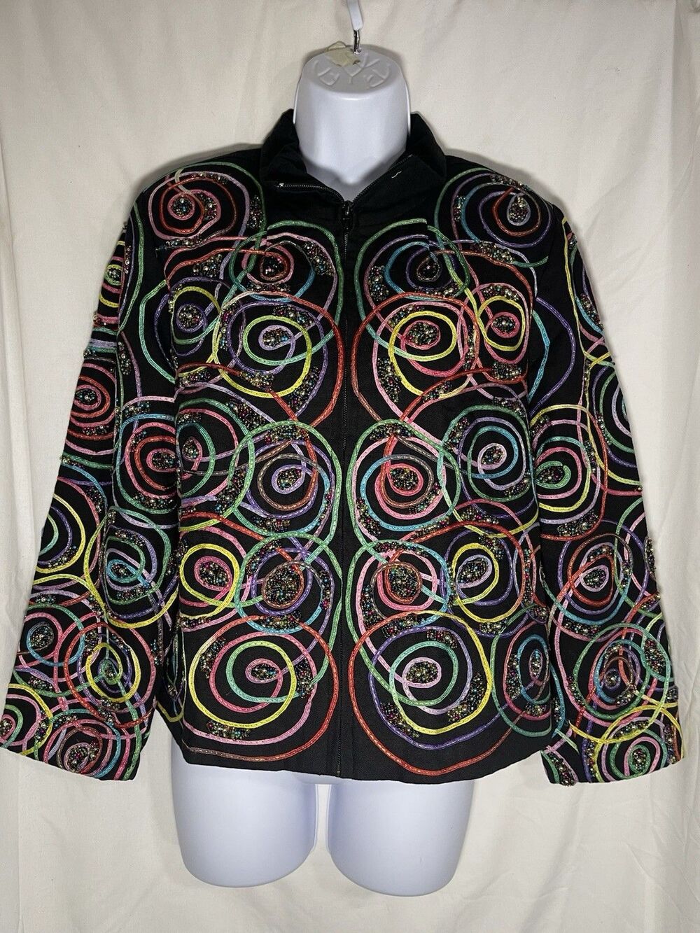 Blutique Vintage Beaded Jacket Medium Black Multi-Color Swirl Spiral Art To Wear